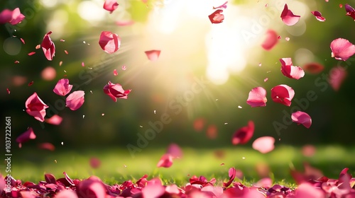 Floating pink rose petals with sun rays illuminating a blurred background.