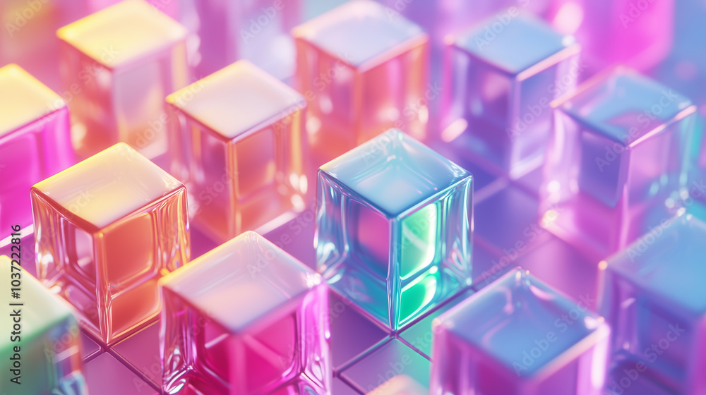 Modern Abstract background 3D isometric grid of cubes with shadow rainbow spectrum effects and iridescent glass textures Modern Abstract background 3D isometric grid of cubes with shadow rainbow spectrum effects and iridescent glass textures