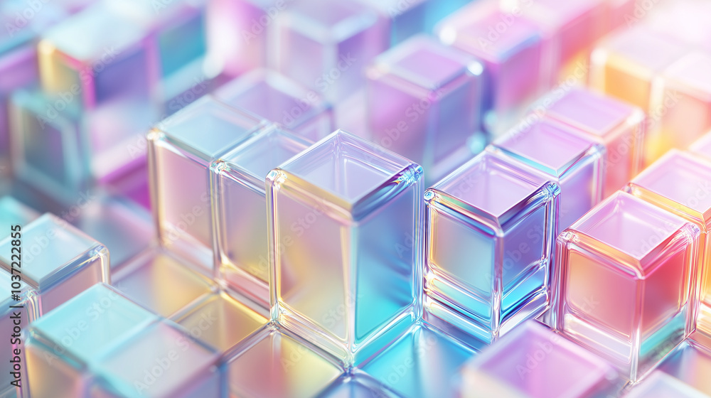 Modern Abstract background 3D isometric grid of cubes with shadow rainbow spectrum effects and iridescent glass textures Modern Abstract background 3D isometric grid of cubes with shadow rainbow spectrum effects and iridescent glass textures