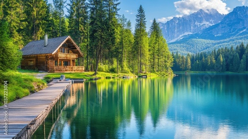 Wooden dock by a serene lake with a cozy cabin nestled among trees, reflecting the beauty of nature and relaxation.