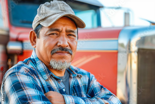 Portrait of Hispanic male truck driver standing in front of his truck photo