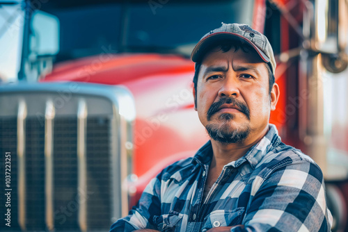 Portrait of Hispanic male truck driver standing in front of his truck photo