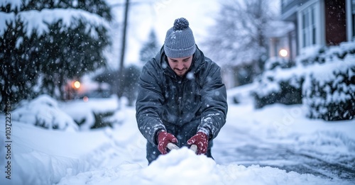 Person Clearing Snow on Driveway in the Morning. AI generated illustration.