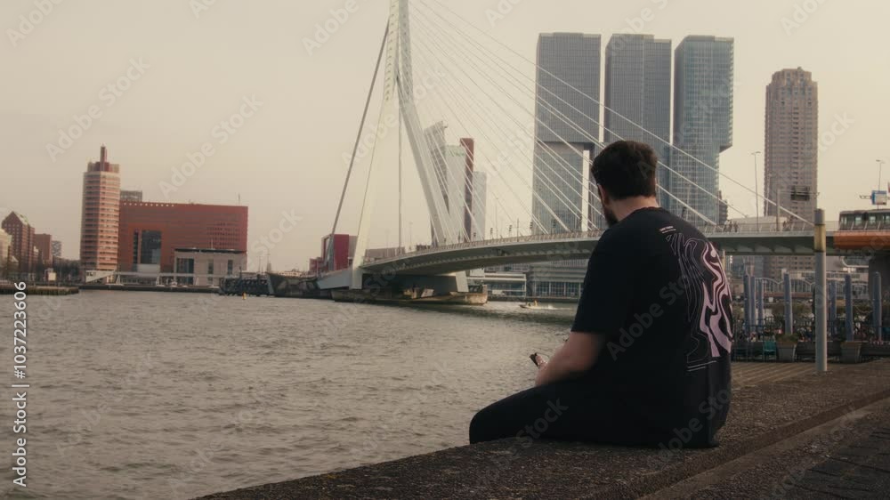 Slow motion of a Caucasian man sitting by the river on a cloudy daytime in Rotterdam, Netherlands Slow motion of a Caucasian man sitting by the river on a cloudy daytime in Rotterdam, Netherlands