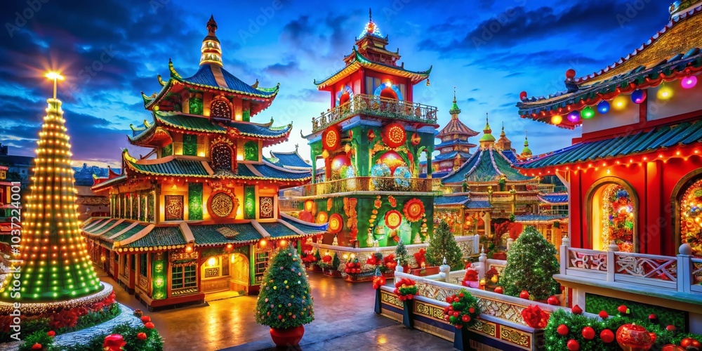 Obraz premium Festive Architectural Celebration with Colorful Symbols on a Vibrant Backdrop