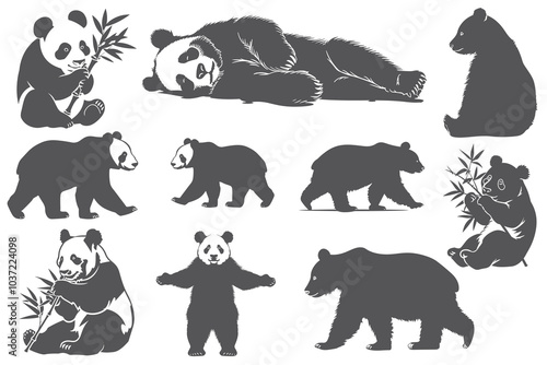 Panda silhouette vector set, Set of vector silhouette design