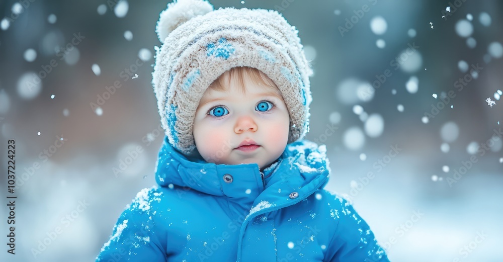 Toddler in Blue Jumpsuit Playing in Snowfall. AI generated illustration. Toddler in Blue Jumpsuit Playing in Snowfall. AI generated illustration.
