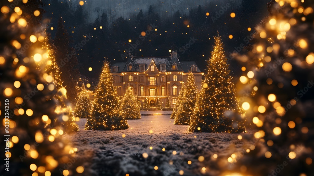 Illuminated Christmas Trees Flanking a Mansion in a Snowy Forest Illuminated Christmas Trees Flanking a Mansion in a Snowy Forest