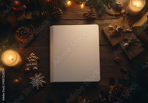 Cozy winter evening setting with a blank notebook, candles, and festive decorations on a wooden table