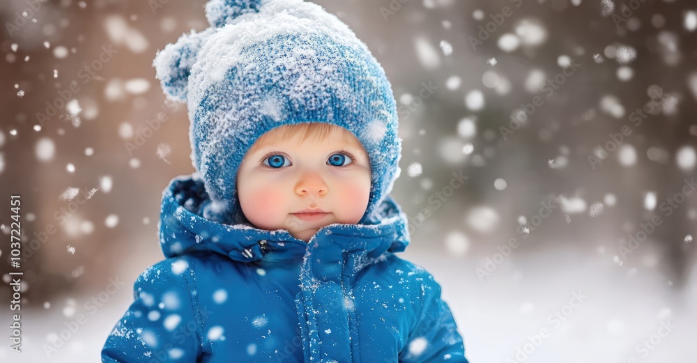Toddler in Blue Jumpsuit Playing in Snowfall. AI generated illustration. Toddler in Blue Jumpsuit Playing in Snowfall. AI generated illustration.