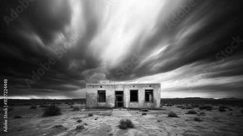 Abandoned dwelling in desolate desert under dramatic sky