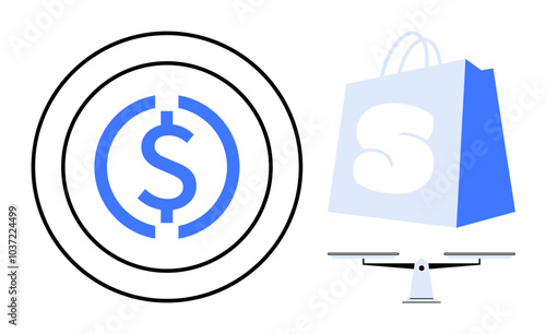 Currency symbol within concentric rings next to a shopping bag with a large S on a scale. Ideal for finance, e-commerce, balance, trade, shopping. Vector image in blue and black colours. Simple style photo