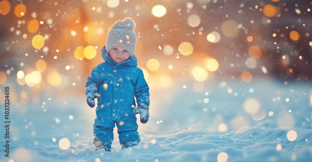 Toddler in Blue Jumpsuit Playing in Snowfall. AI generated illustration. Toddler in Blue Jumpsuit Playing in Snowfall. AI generated illustration.