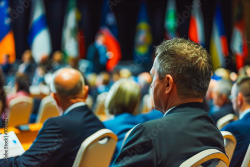 professionals, including politicians and businessmen, attentively listening to a presidential conference