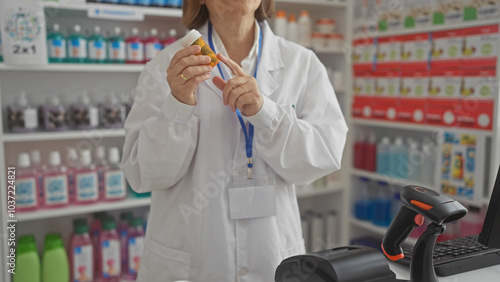 Slika na platnu A woman pharmacist examines prescription bottle in a well-equipped, modern drugs