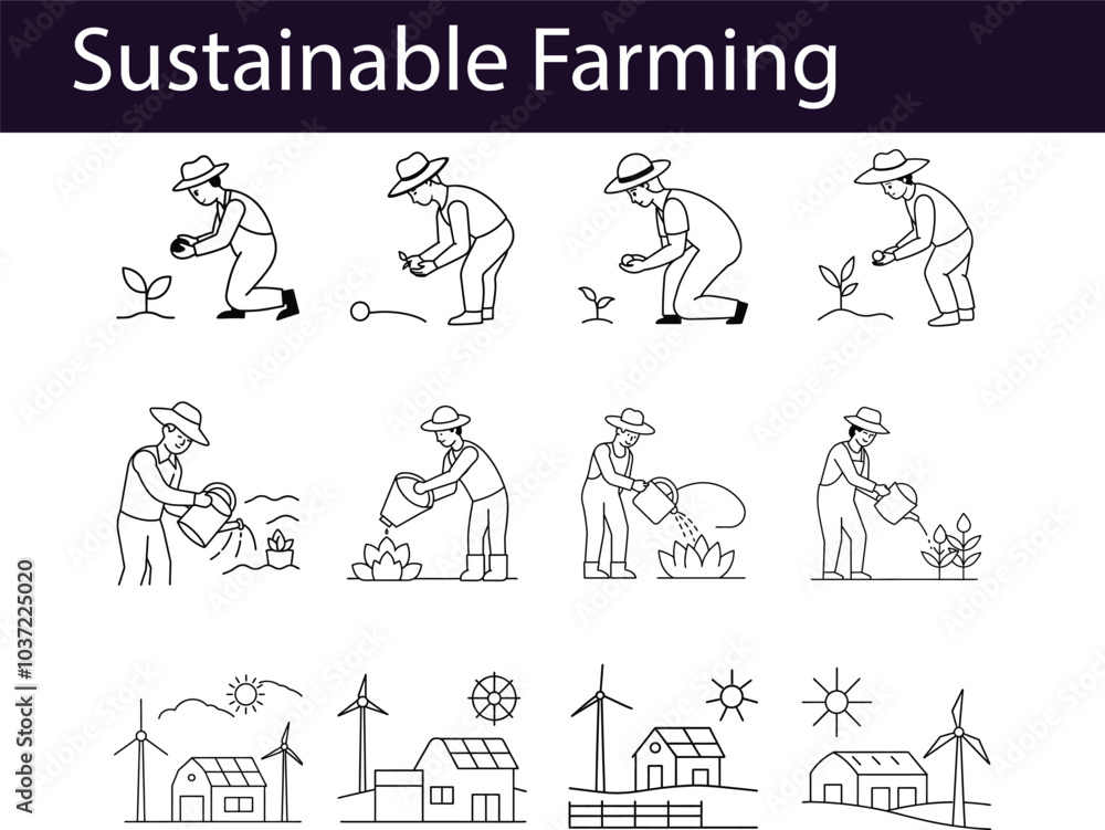 Sustainable Farming Practices Illustrated with Line Art Sustainable Farming Practices Illustrated with Line Art