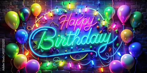 Festive Neon Birthday Sign Illuminating Joyful Celebration Atmosphere