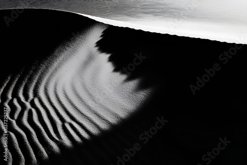 Black and white photo of a beach with a wave in the sand