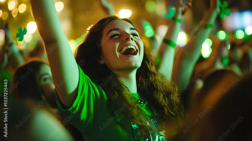 Obraz premium A crowd celebrating St. Patrick's Day, dressed in green and cheering with excitement as they watch the parade, their faces glowing with happiness and festive energy