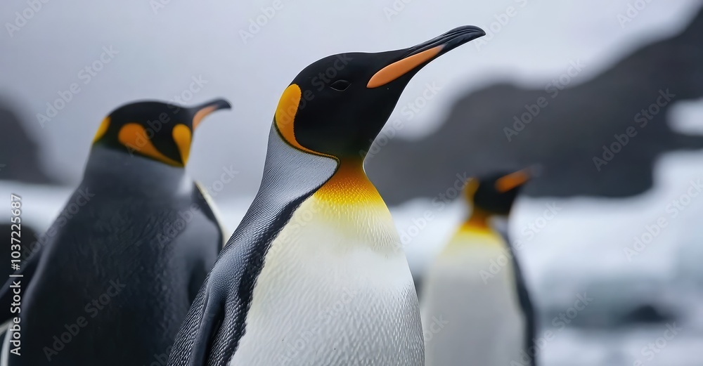Fototapeta premium Active Penguins in Winter. AI generated illustration.
