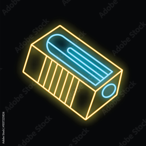 Bright luminous yellow sharpener with blue blade glowing in darkness