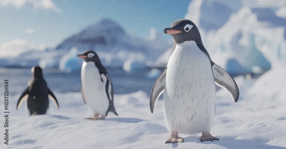 Obraz premium Active Penguins in Winter. AI generated illustration.