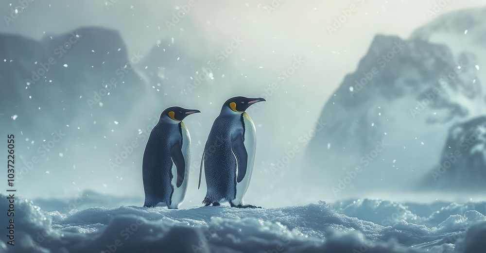Fototapeta premium Active Penguins in Winter. AI generated illustration.