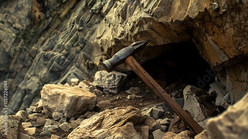 A chisel and hammer by a cave entrance photo