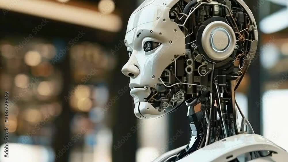 Close-up of a Realistic Android Robot Head with Visible Circuitry Close-up of a Realistic Android Robot Head with Visible Circuitry