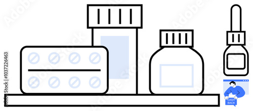 Medical supplies arranged on a shelf including blister pack of tablets, medicine bottles and small carton. Ideal for pharmacy, healthcare, medical, medication, and clinic settings. Clean, minimalist