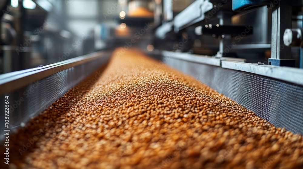 Teff grain being processed on conveyor. Teff grain being processed on conveyor.