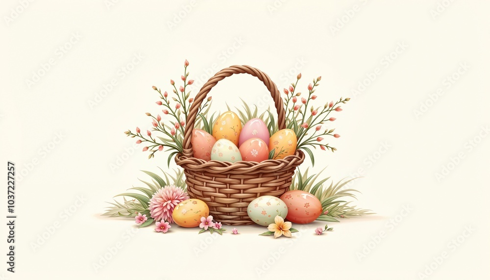 Easter basket with decorated eggs and spring flowers Easter basket with decorated eggs and spring flowers