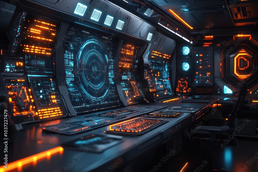 Obraz premium Futuristic control room with glowing interfaces and technology.