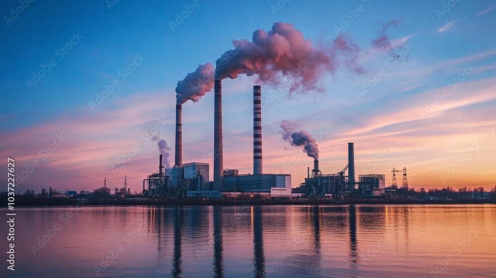 Power plant near water with smoke at dusk Power plant near water with smoke at dusk