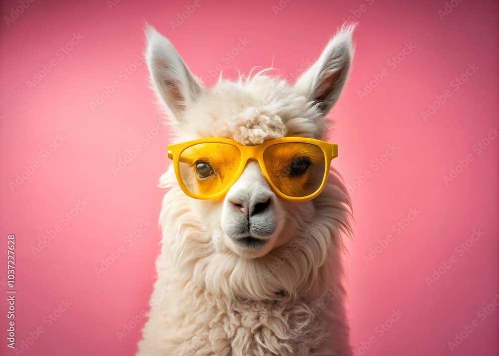 Fluffy Alpaca in Yellow Sunglasses with Quizzical Expression on Pastel Pink Background for Animal Lovers and Fun Fluffy Alpaca in Yellow Sunglasses with Quizzical Expression on Pastel Pink Background for Animal Lovers and Fun
