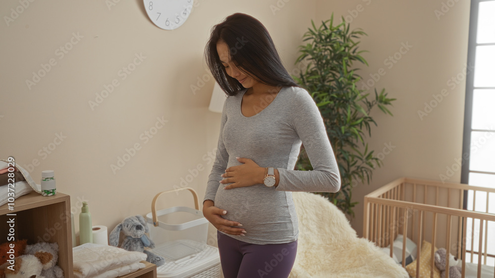 Pregnant woman standing in a cozy bedroom with a baby cradle, gently holding her belly, expecting a baby, creating a warm and intimate indoor atmosphere. Pregnant woman standing in a cozy bedroom with a baby cradle, gently holding her belly, expecting a baby, creating a warm and intimate indoor atmosphere.