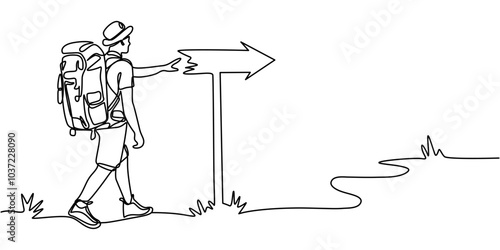Single continuous line drawing direction pointer hiker man backpacks hiking traveling and tourism. Trekking wild nature recreation and sport backpacking trip, One line design modern illustration.