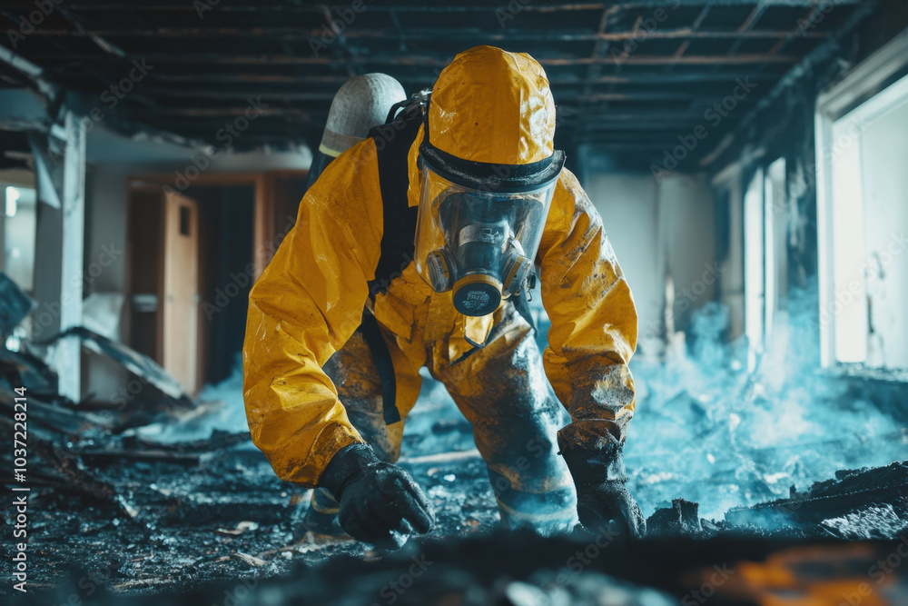 professional in protective suit inspects fire damage in charred interior, showcasing aftermath of fire incident. scene conveys urgency and need for safety professional in protective suit inspects fire damage in charred interior, showcasing aftermath of fire incident. scene conveys urgency and need for safety