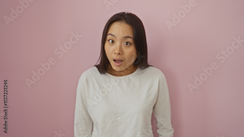 Young, attractive, chinese woman standing over an isolated pink background with an expression of surprise on her face, perfect for conveying emotions in stock images.