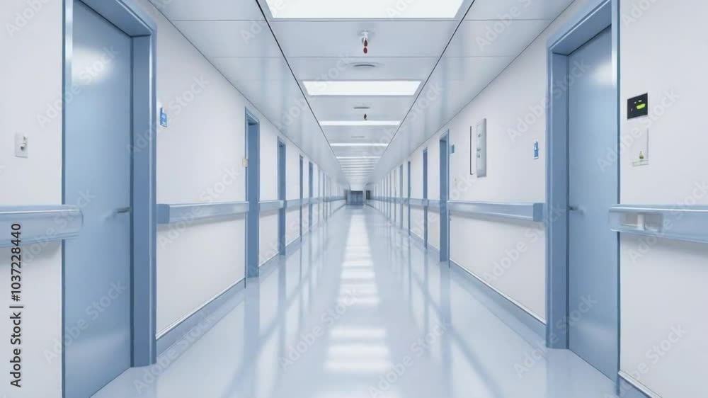 Bright and Sterile Hospital Corridor with Doors and Blue Handrail - 4K Bright and Sterile Hospital Corridor with Doors and Blue Handrail - 4K
