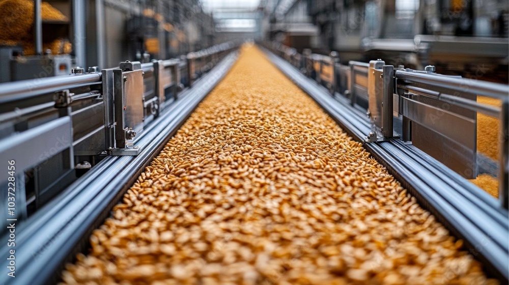 Wheat grains flowing on production line. Wheat grains flowing on production line.