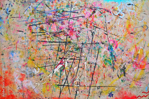 abstract wooden board with scratches, traces of a felt-tip pen, paint and pencils