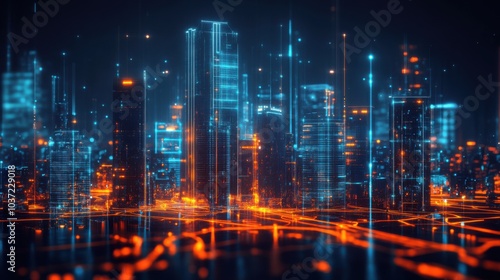 Futuristic cityscape with glowing lights and digital elements.