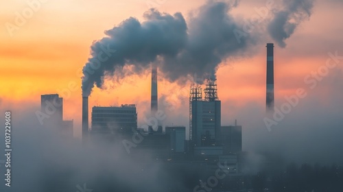 Industrial skyline with smoke at dawn