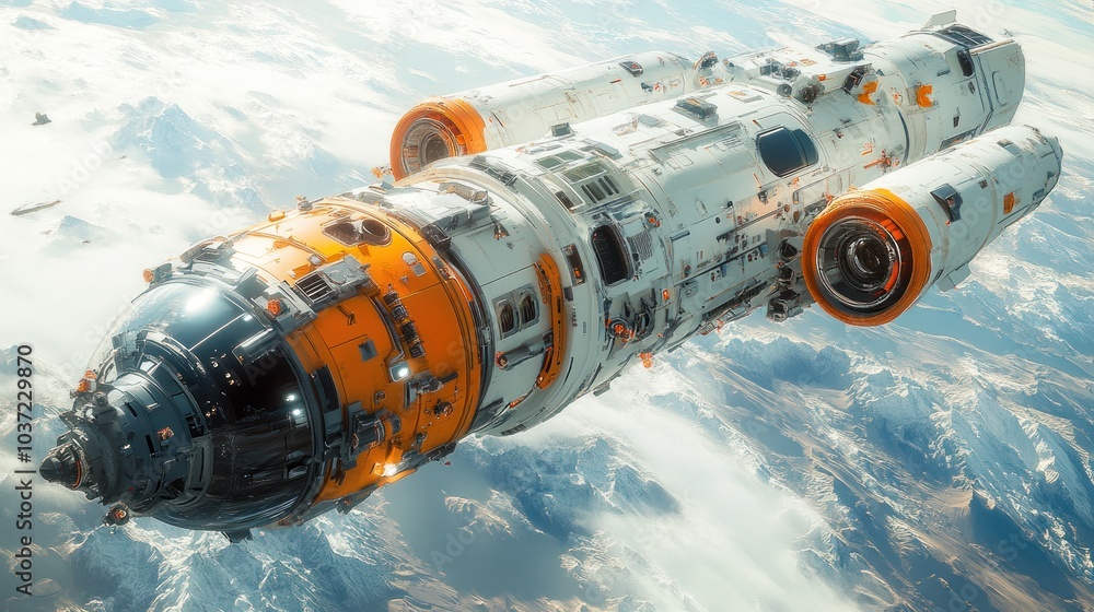 A futuristic spacecraft navigating through clouds in a celestial setting. A futuristic spacecraft navigating through clouds in a celestial setting.