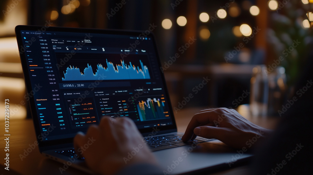 Close Up of Hands Typing on Laptop with Financial Data Displayed Close Up of Hands Typing on Laptop with Financial Data Displayed