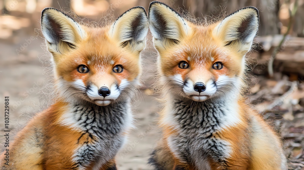 Two adorable red foxes sit closely together, showcasing their distinctive fur and charming expressions in a natural setting. Two adorable red foxes sit closely together, showcasing their distinctive fur and charming expressions in a natural setting.