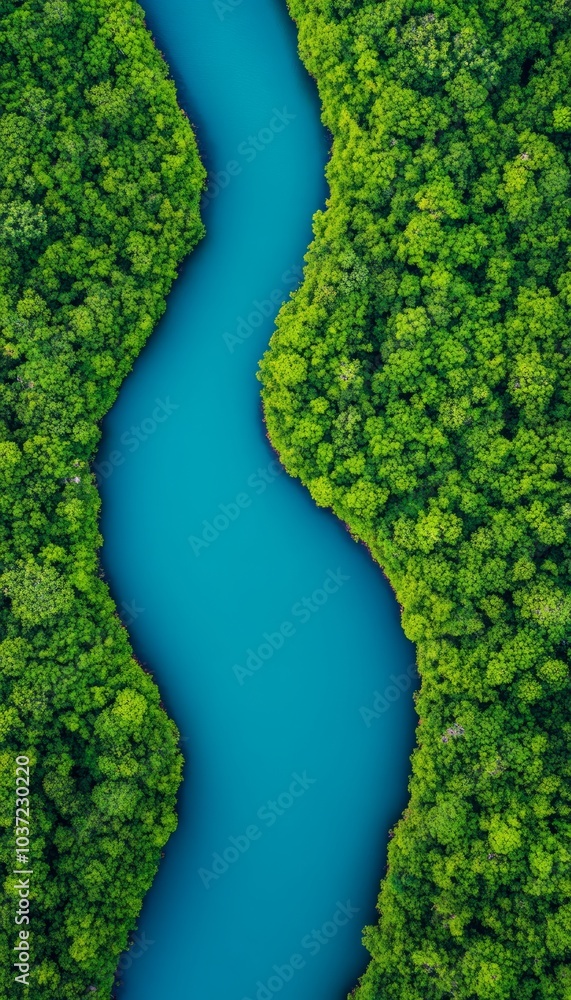 Naklejka premium Aerial view of a winding river surrounded by lush green forests.