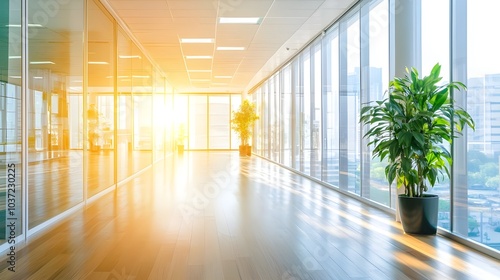 Bright and Airy Office Hallway with Expansive Glass.