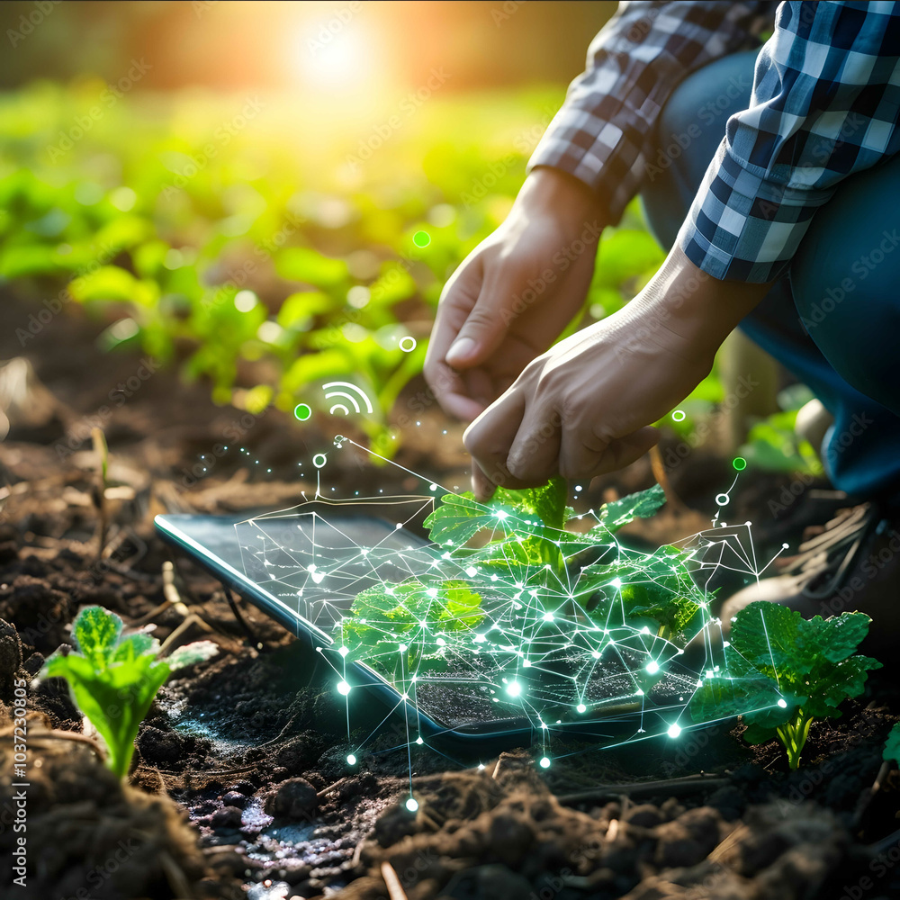 Futuristic agricultural assessment: Man with hologram tablet in greenhouse Futuristic agricultural assessment: Man with hologram tablet in greenhouse